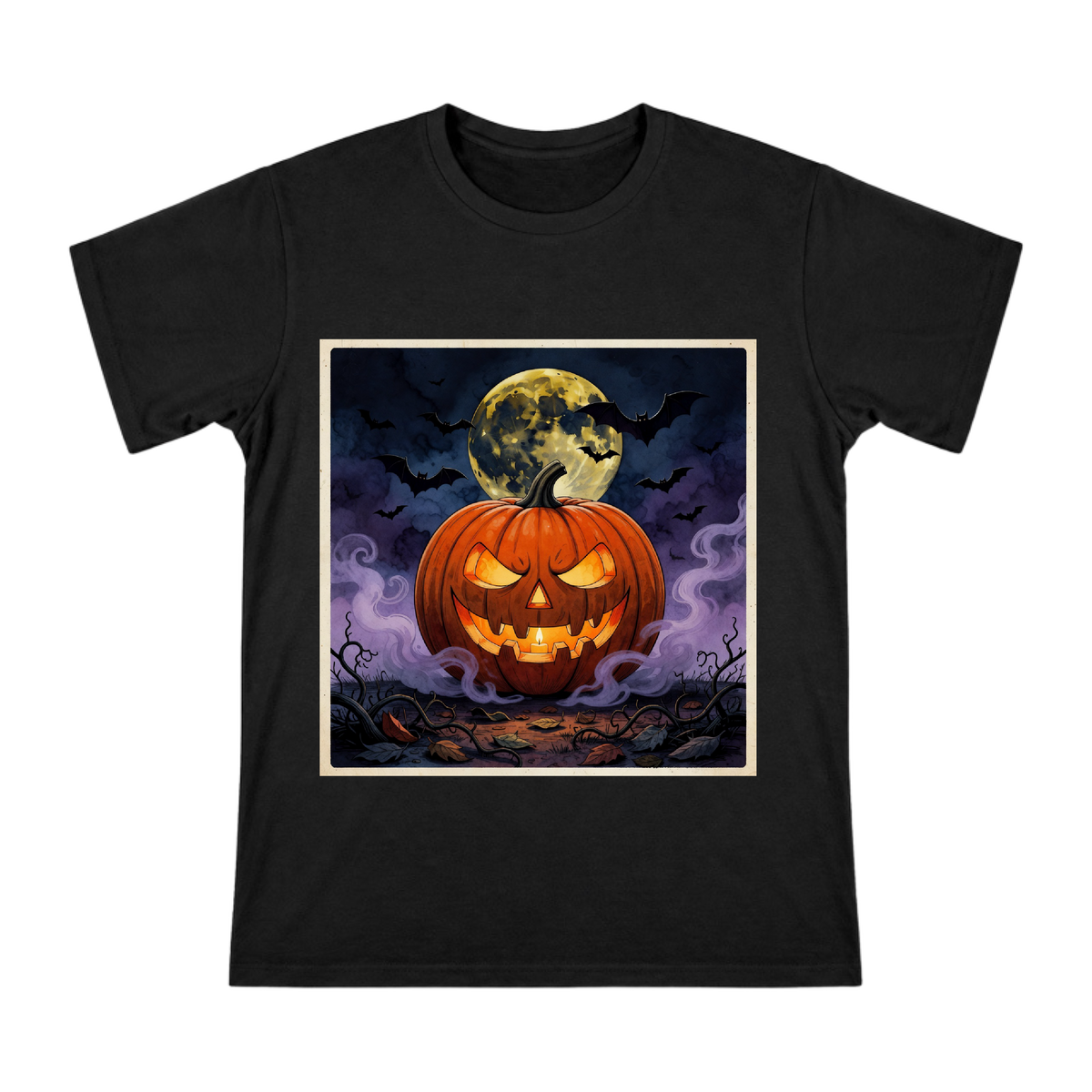 Halloween Jack O Lantern with Full Moon and Bats Men's Custom T-Shirt front [ai-pod:877dcdaeef1808f5bb77416226b77e73]