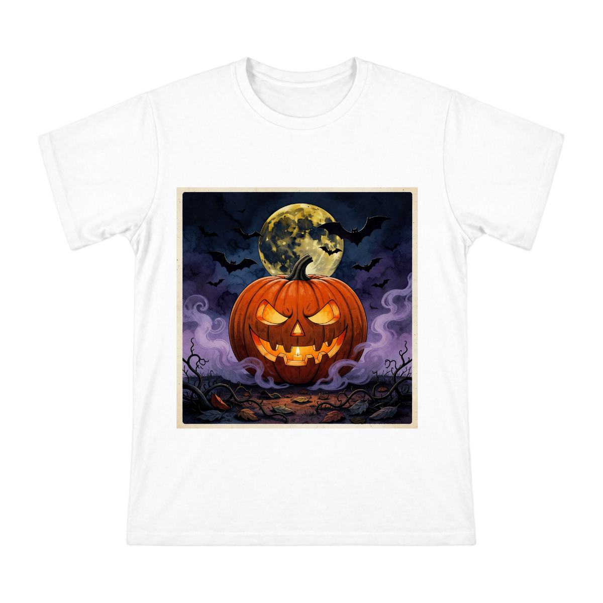 Halloween Jack O Lantern with Full Moon and Bats Men's Custom T-Shirt front [ai-pod:697bf93c709c25c62ceb00a0f9a9f5e4]