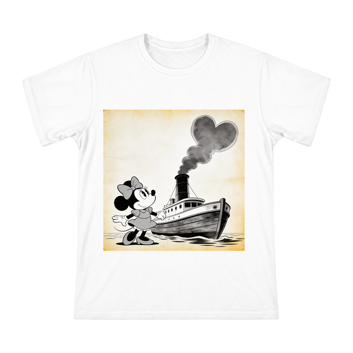 1928 Vintage Minnie Mouse Steamboat Heart Smoke Graphic Men's Cotton T-Shirt front [ai-pod:6c96658d8c875f9bc28671a314cc096f]