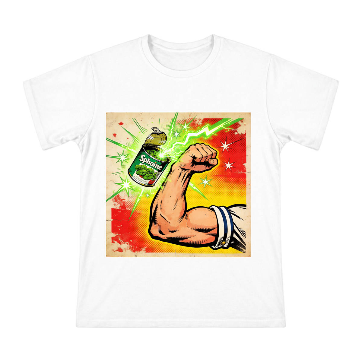 Retro Comic Muscular Arm Holding Spinach Can Men's Custom Print T-Shirt front [ai-pod:50d9dc5168ce10f77907d5cddc8d6da2]