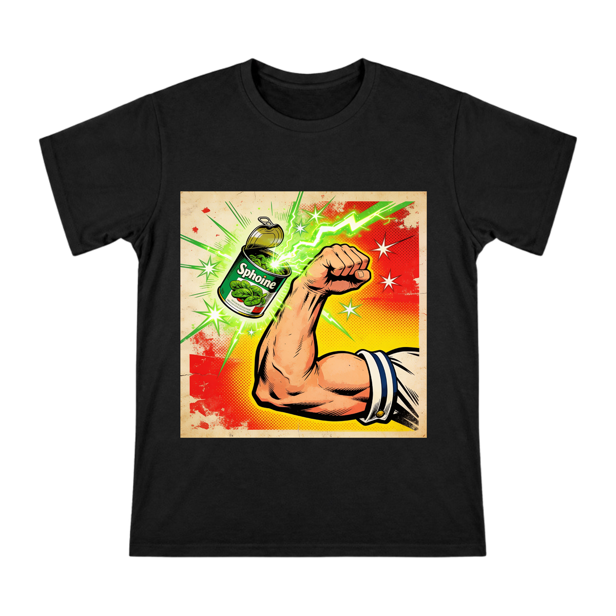 Retro Comic Muscular Arm Holding Spinach Can Men's Custom Print T-Shirt front [ai-pod:dd21016e714b22d340092144bbd6c682]