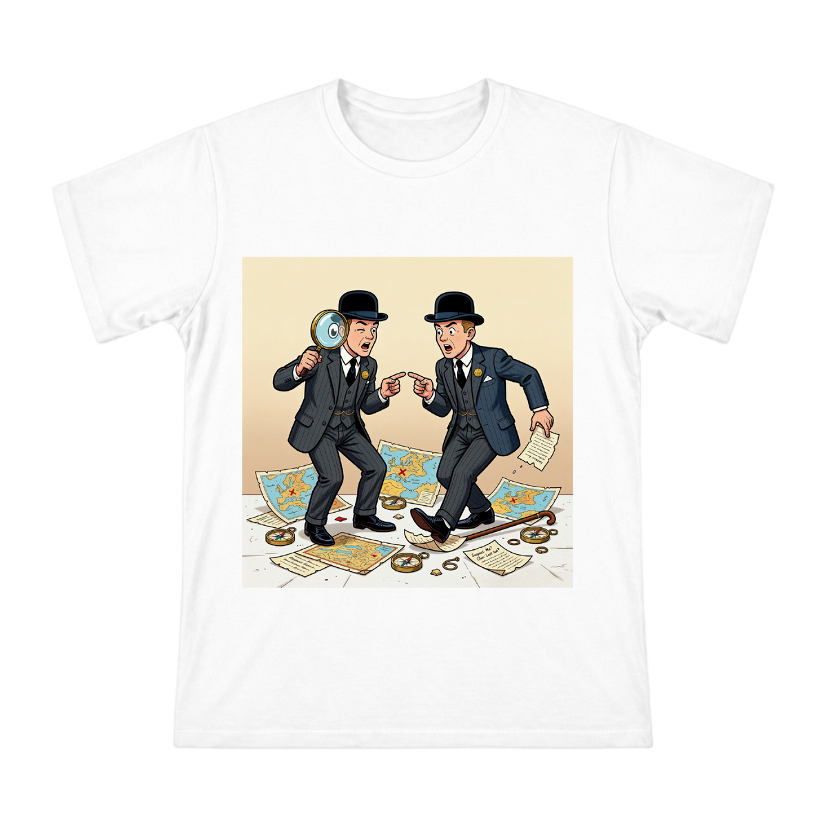 Retro Detective Duo Humorous Pointing Illustration Men's Short Sleeve T-Shirt front [ai-pod:c24d9ffcad93b46ce8c044359e2ad76c]