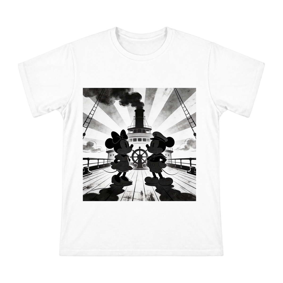 1928 Vintage Steamboat Mickey and Minnie Silhouette Men's Cotton T-Shirt front [ai-pod:1891fa2d69968da2829e38cded80d86f]
