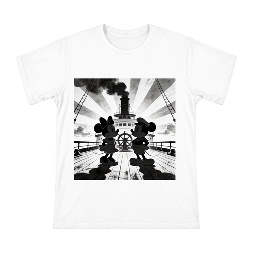 1928 Vintage Steamboat Mickey and Minnie Silhouette Men's Cotton T-Shirt front [ai-pod:1891fa2d69968da2829e38cded80d86f]