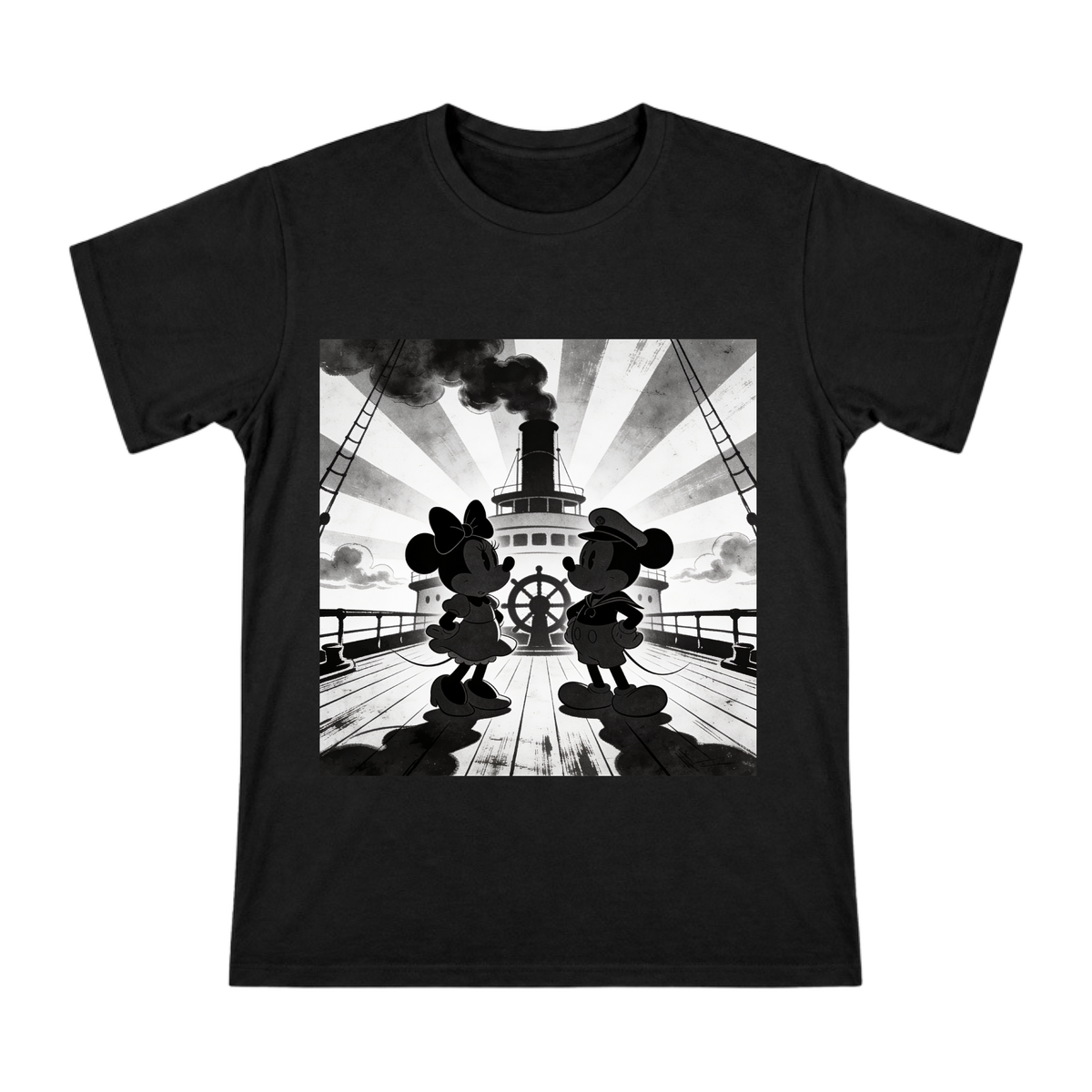 1928 Vintage Steamboat Mickey and Minnie Silhouette Men's Cotton T-Shirt front [ai-pod:d3829eb17feb641c17ff87f334ea63da]