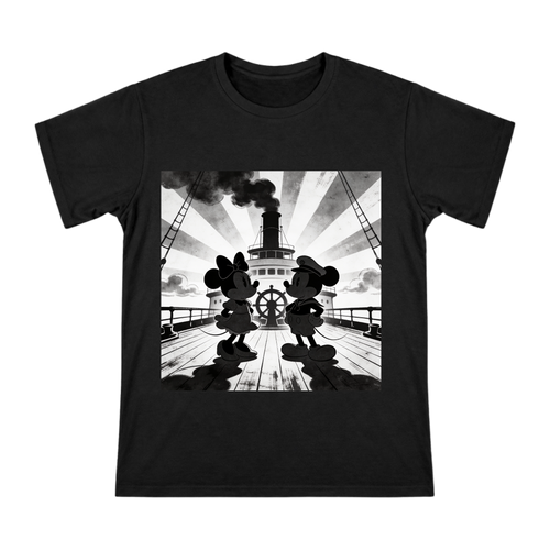 1928 Vintage Steamboat Mickey and Minnie Silhouette Men's Cotton T-Shirt front [ai-pod:d3829eb17feb641c17ff87f334ea63da]