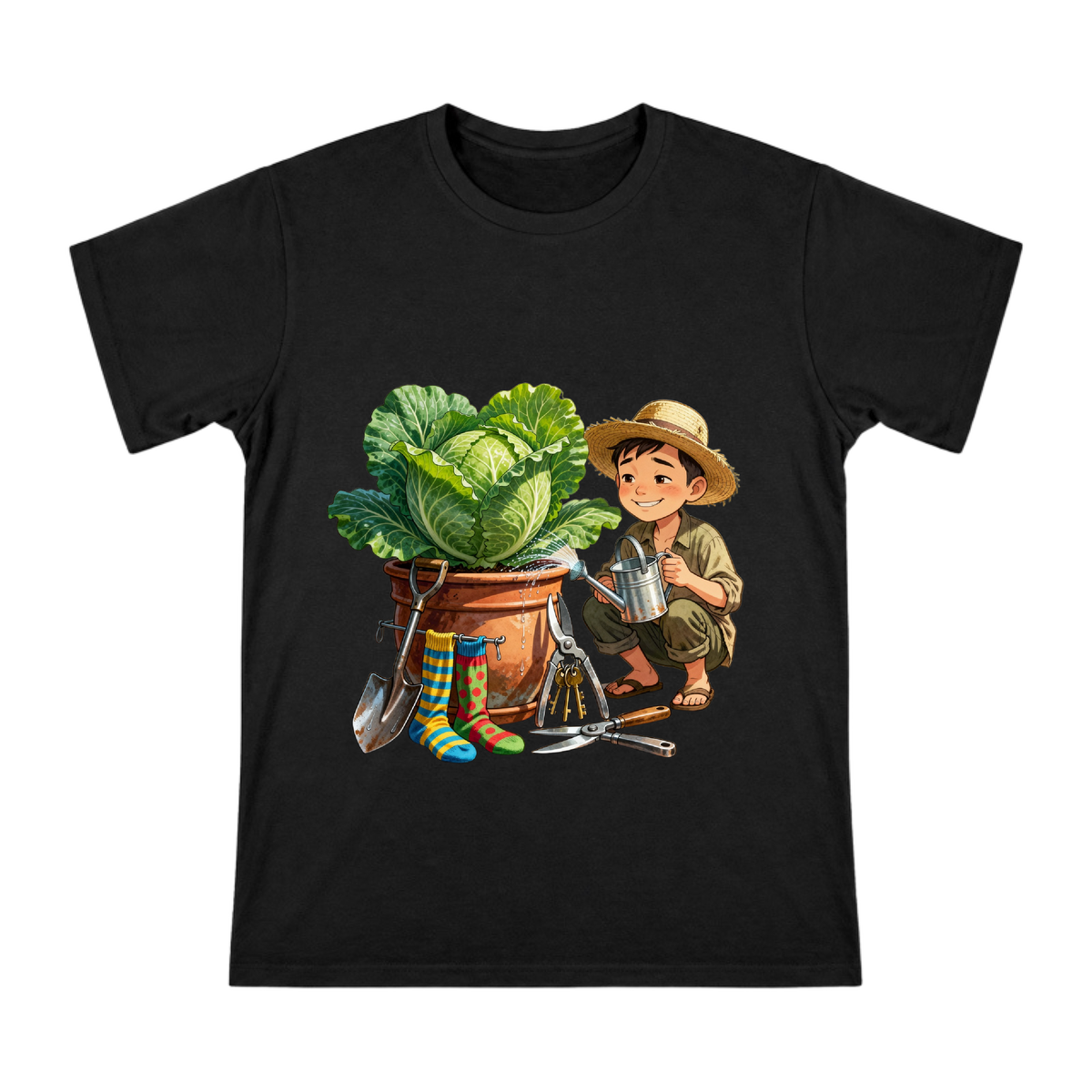 Vintage Cabbage and Gardening Tools Men's Custom Print T-Shirt front [ai-pod:33e4d7a16beba5e6daea463d9730716b]
