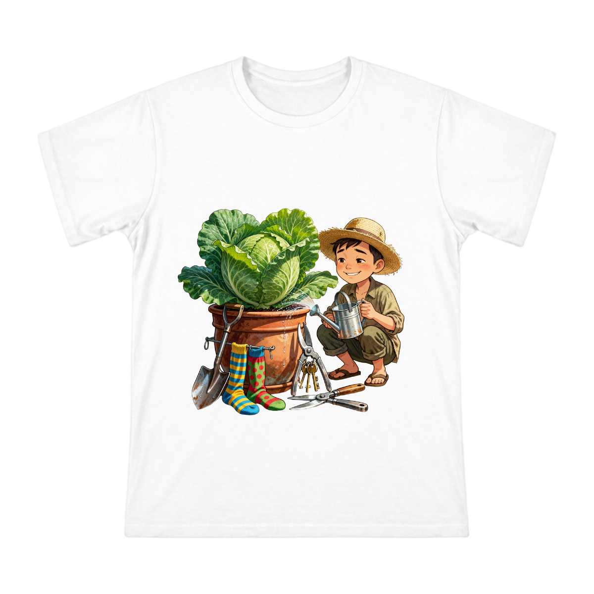 Vintage Cabbage and Gardening Tools Men's Custom Print T-Shirt front [ai-pod:e5193b9d12a3566dfd43b8851fee5dc5]