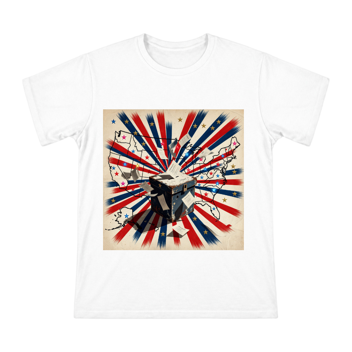 Retro U.S. Election Map and Voting Box Illustration T-Shirt front [ai-pod:e4115cd38f9b71cddbe4b0fad8fca248]