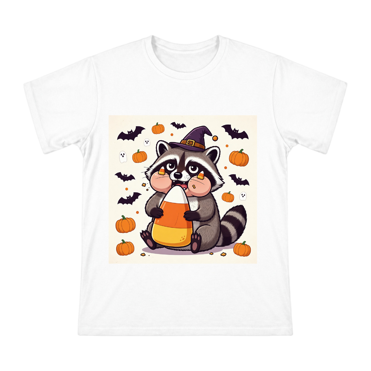 Halloween Raccoon with Candy Corn Custom Men's T-Shirt front [ai-pod:715eae3de68129355125c3fb3fa5d669]