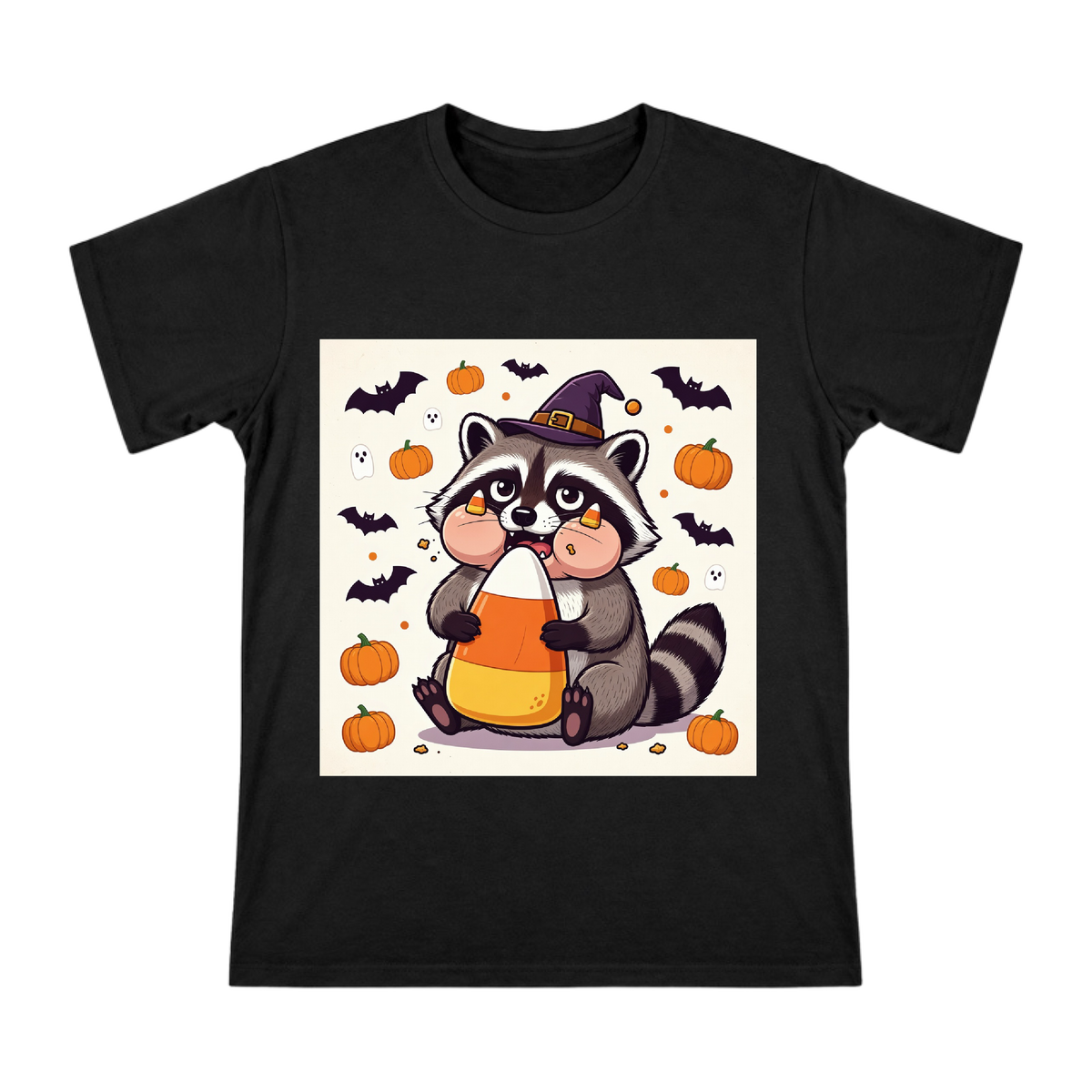 Halloween Raccoon with Candy Corn Custom Men's T-Shirt front [ai-pod:f5660c7840a19925dc753fe8e3c6bbfe]