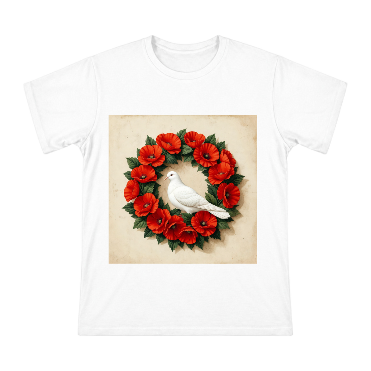 Red Poppy Wreath and Peaceful Dove Vintage Illustration Men's Short Sleeve T-Shirt front [ai-pod:299c54b4993647a2628160d50e6b6a8a]