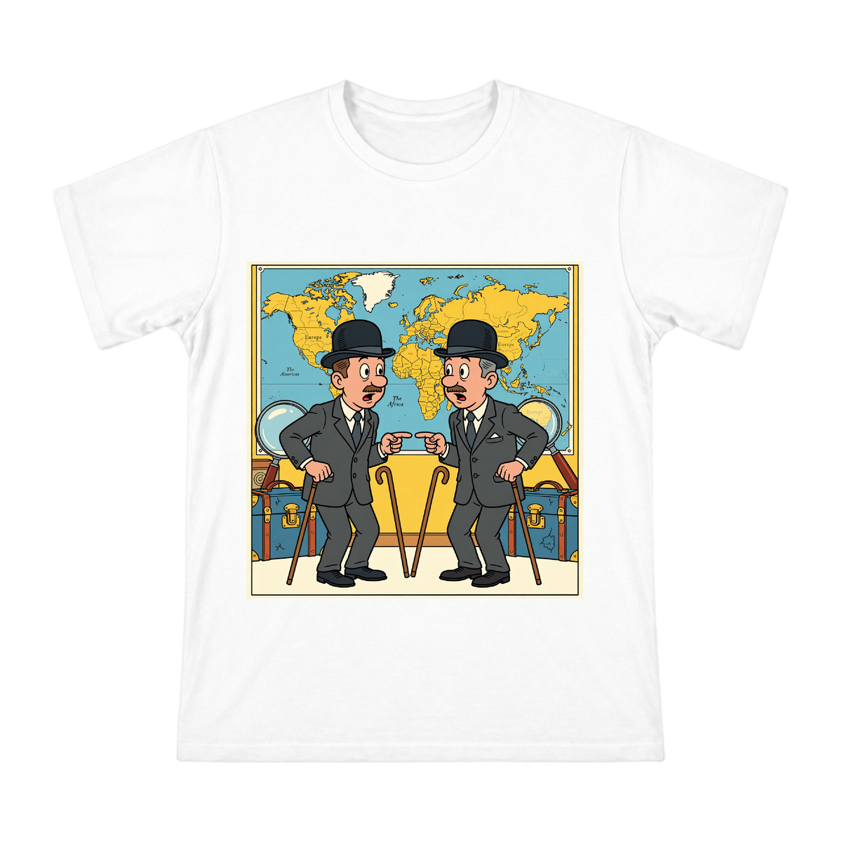 Retro Comic Twin Detectives Pointing at Each Other Illustration Men's Short Sleeve T-Shirt front [ai-pod:5f7923bdb1d7e50b649fa9daf56d00ad]