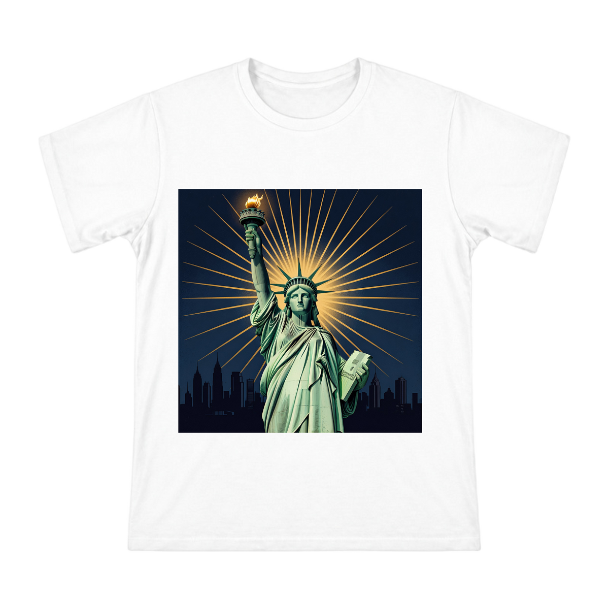 Statue of Liberty Vintage Radiant Illustration Men's Cotton T-Shirt front [ai-pod:e2c1cfa0ab09d69eac82ee6aeef4044b]