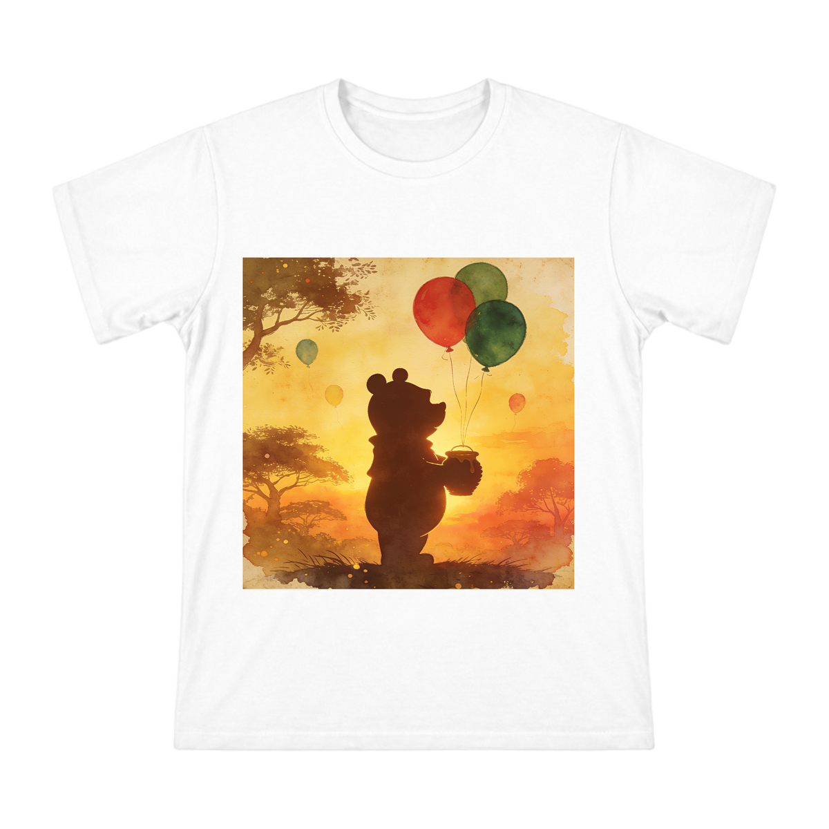 Winnie the Pooh Silhouette with Colorful Balloons Watercolor Art Men's Cotton T-Shirt front [ai-pod:2f2642a9e79821c97075024f11b92292]