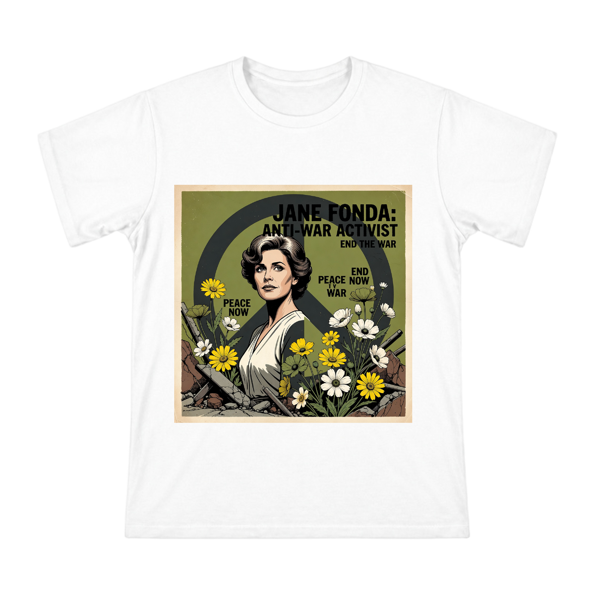Jane Fonda Anti-War Vintage Poster Men's Cotton T-Shirt front [ai-pod:8c8073aadfa222e19280089702e77bef]
