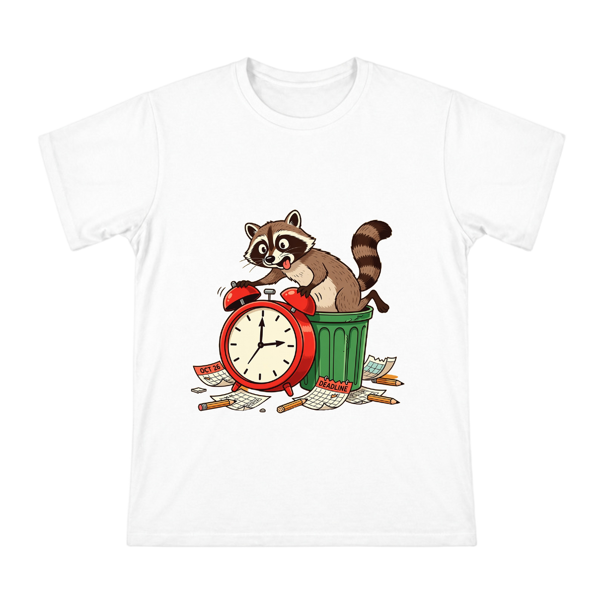 Deadline Escape: Raccoon and Red Alarm Clock Chaos Men's Custom Short Sleeve T-Shirt front [ai-pod:63a8528ebfe9448aac95b9cb5275b8f3]