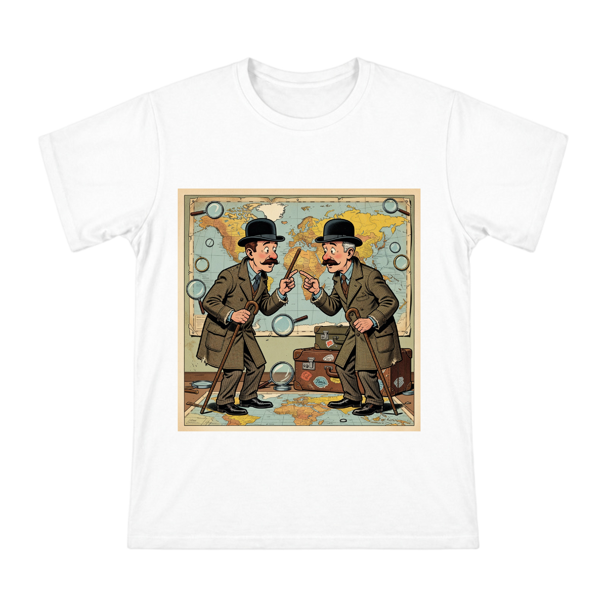 Vintage Detective World Map Exploration Men's Cotton T-Shirt front [ai-pod:fb178dda972d686b1bf02b2b9b45cd53]