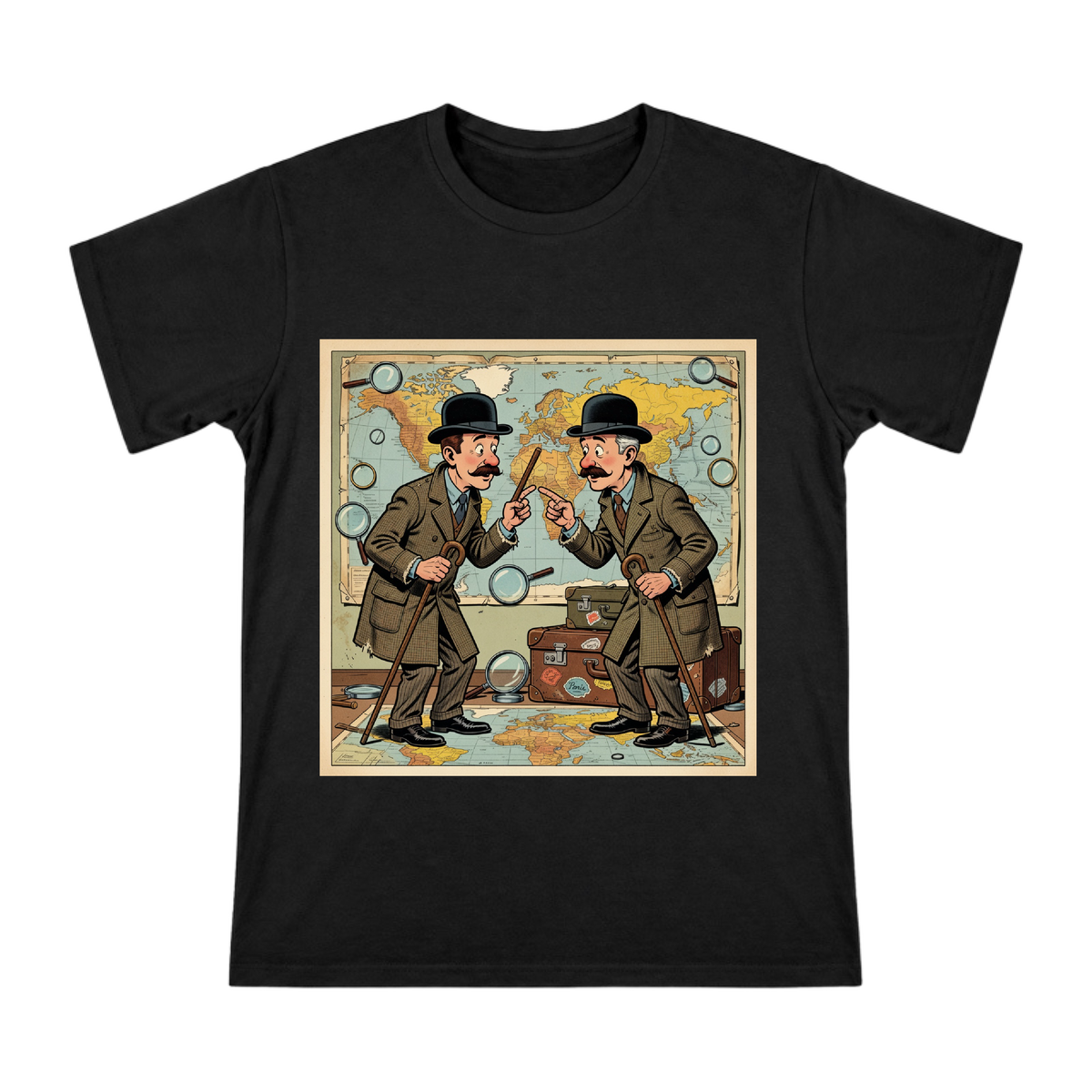 Vintage Detective World Map Exploration Men's Cotton T-Shirt front [ai-pod:68cb6dda1e422671feae7007eae4cd22]