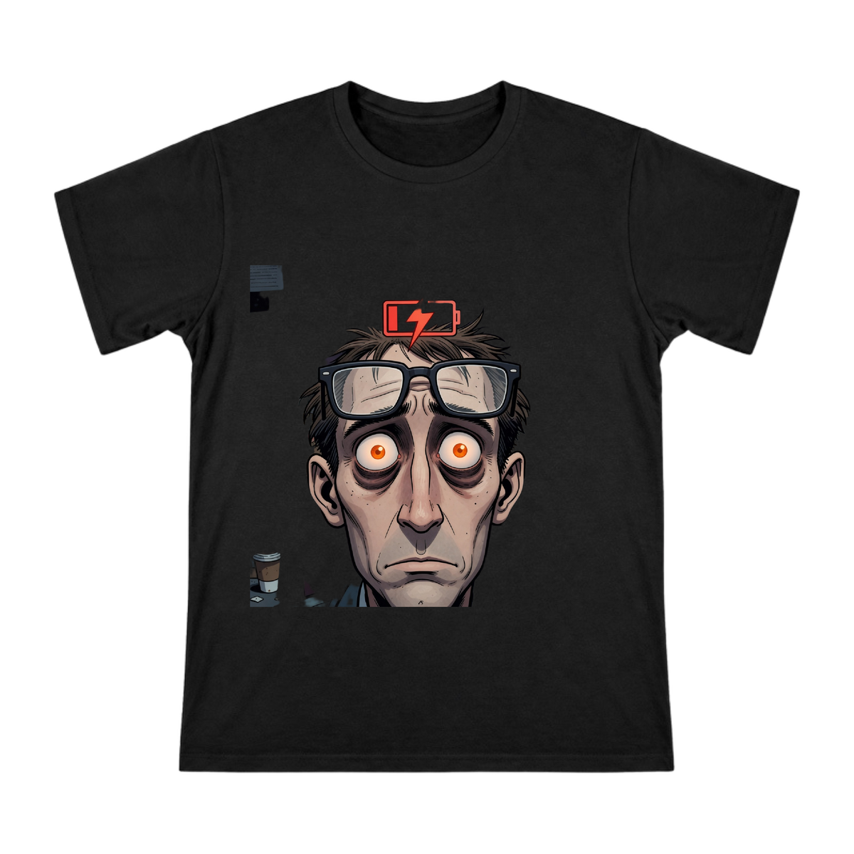 Low Battery Warning: Exhausted Office Worker Comic Art Men's T-Shirt front [ai-pod:b985f333869a6bd3b688890a758bc709]