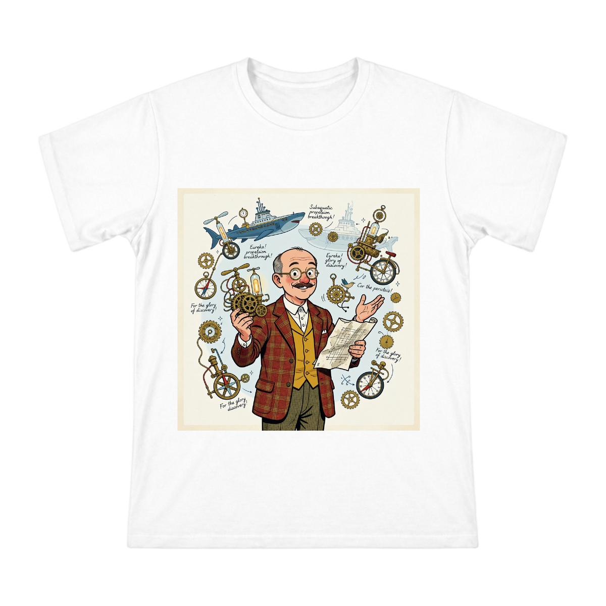 Retro Inventor and Steampunk Mechanical Fantasy Men's Cotton T-Shirt front [ai-pod:dca3449c6976f2f7bda07d45986b33a9]