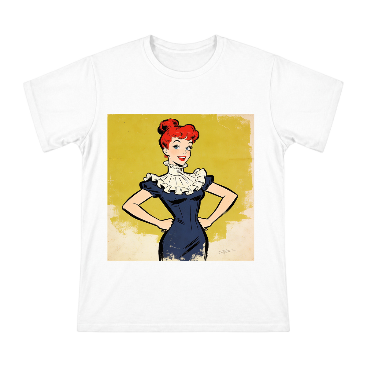 Vintage 1930s Red-Haired Woman in Ruffled Turtleneck Dress Illustration Men's Short Sleeve T-Shirt front [ai-pod:48a08676981768d5373723f1a31aebdd]