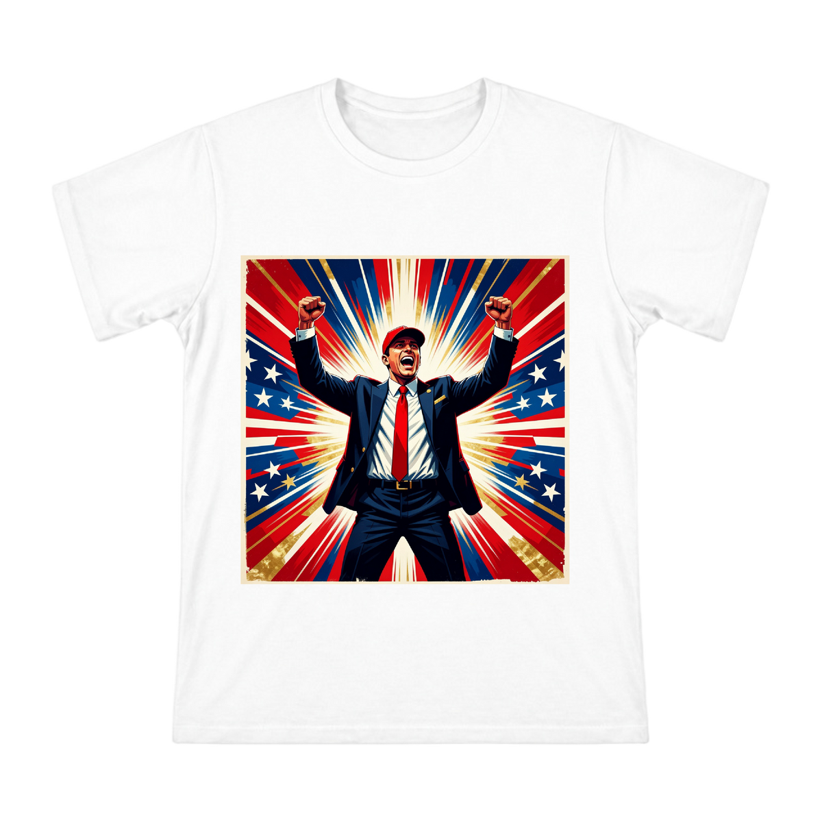 Victorious Pop Art Man in Suit Celebrating Victory Print Men's T-Shirt front [ai-pod:f14106819a713d890630a46d9942d43b]