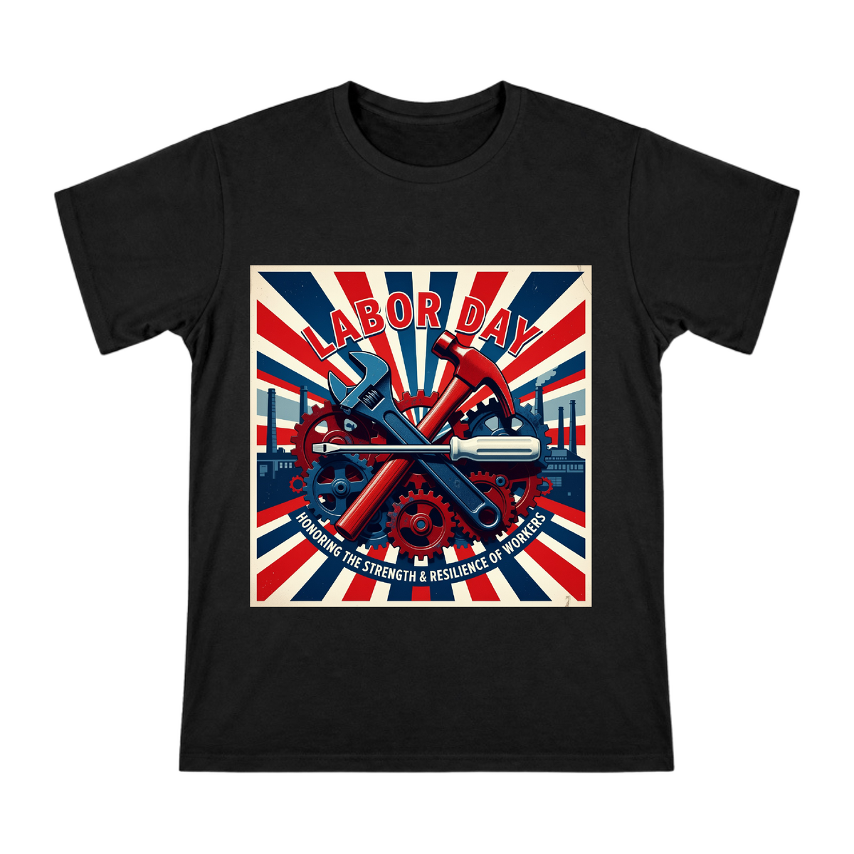 Vintage Industrial Labor Day Tools Gear T-Shirt front [ai-pod:80b12dde922508ade56b431cd6d5f108]
