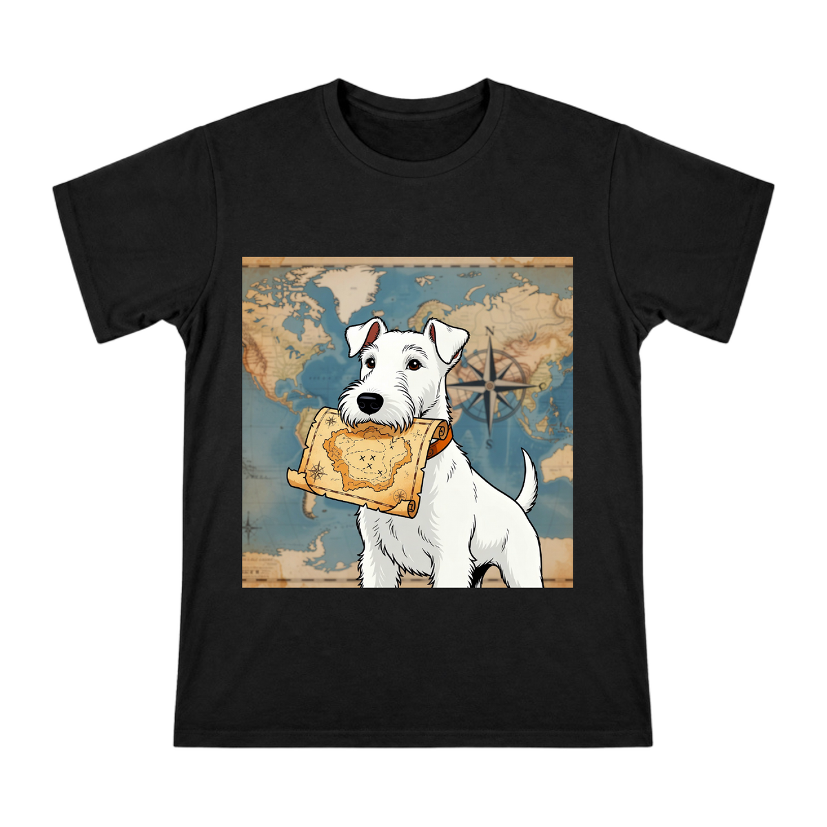 Wire Fox Terrier Treasure Map Adventure Illustration Custom Print Men's Cotton T-Shirt front [ai-pod:599f44eb5b2d3cbb36284267a8bcb66e]