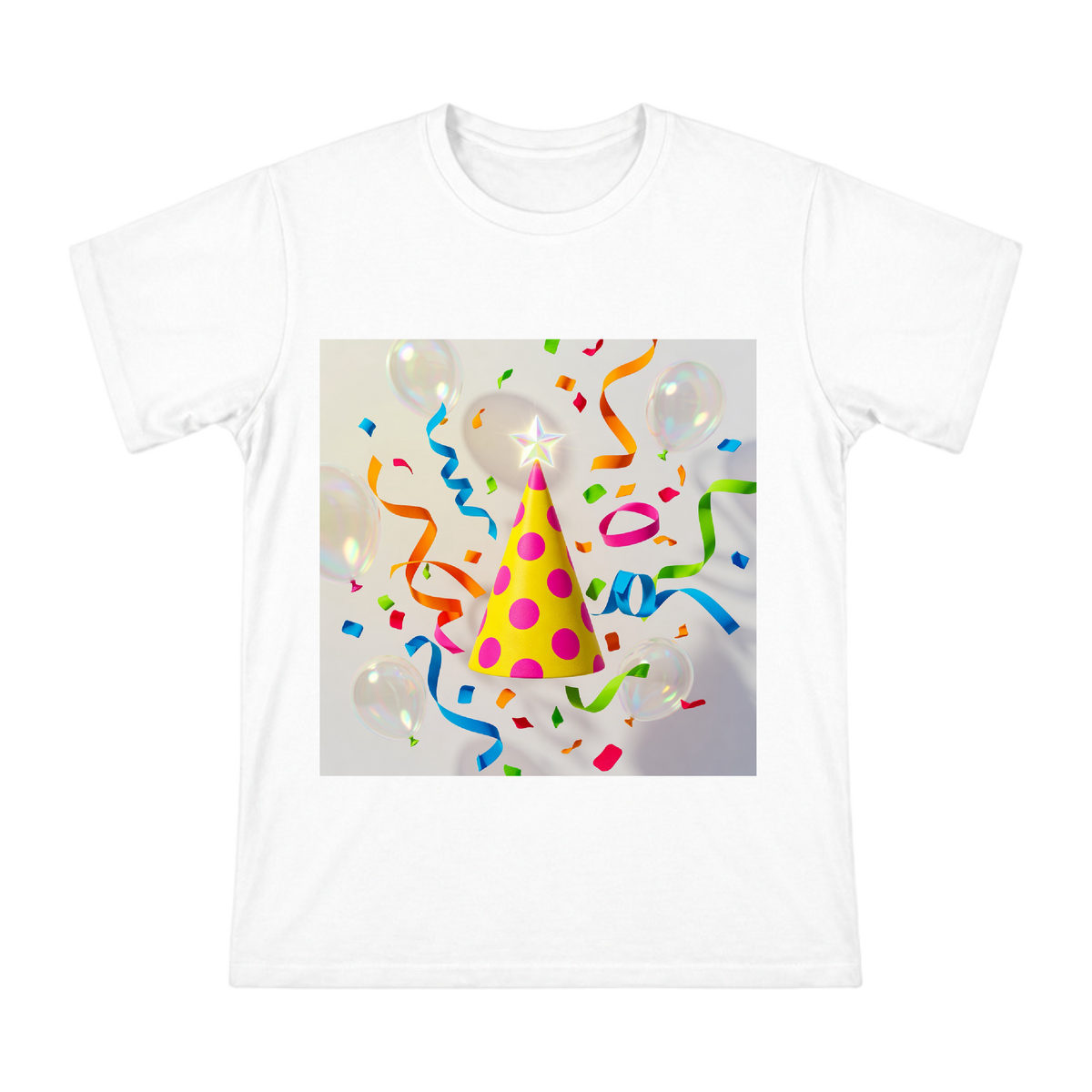 Colorful Polka Dot Party Hat and Iridescent Balloons Celebration Men's Short Sleeve T-Shirt front [ai-pod:cbf5d0bc5a9fde41fec5f919bd9101dd]