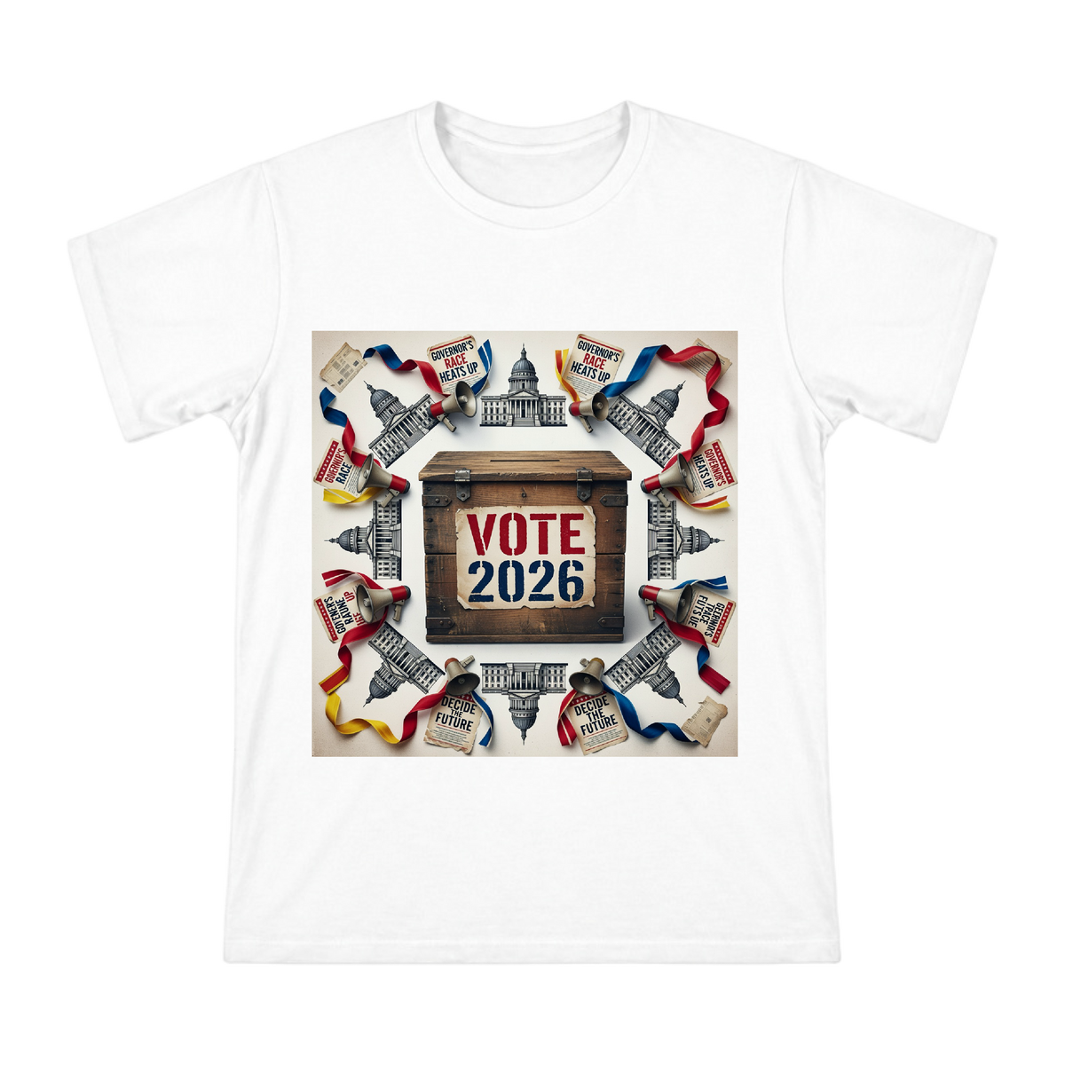 2026 Retro Wooden Voting Box & Political Campaign Collage Men's Short Sleeve T-Shirt front [ai-pod:a3d10fde2e3e5d24b02b91cfac9bccb5]