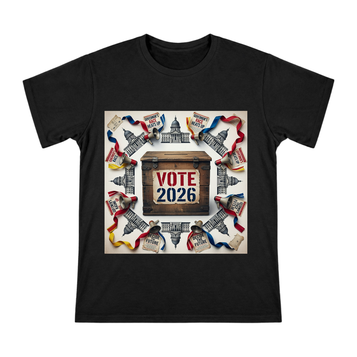 2026 Retro Wooden Voting Box & Political Campaign Collage Men's Short Sleeve T-Shirt front [ai-pod:dd1275d970635efb86d619acda59e6bd]