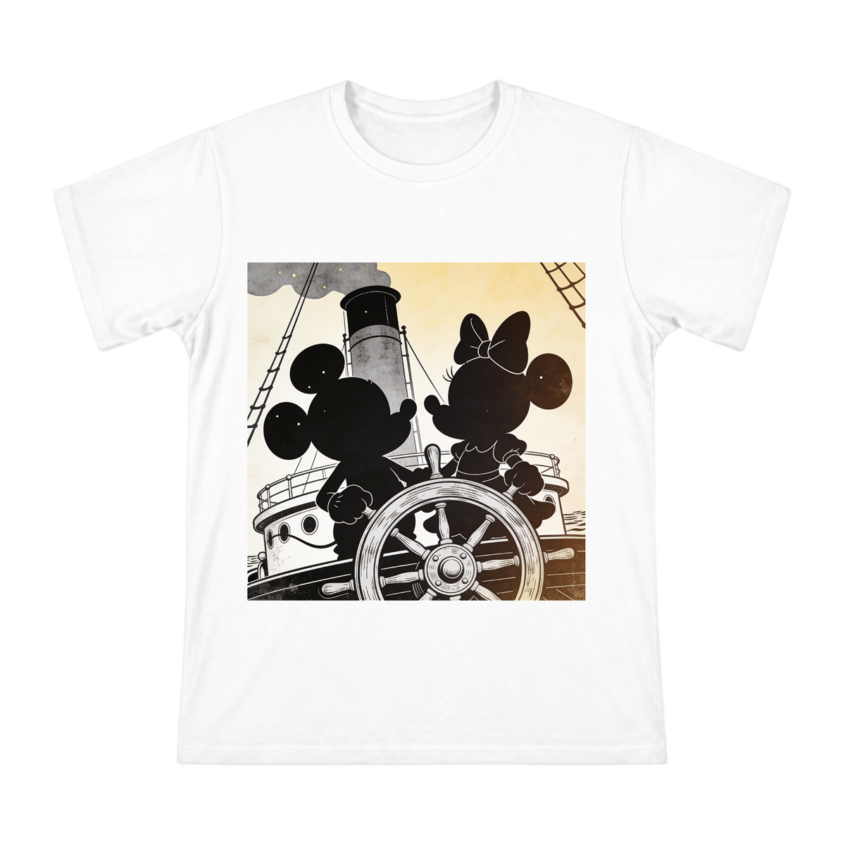 Vintage Steamboat Mickey and Minnie Silhouette Print Men's Cotton T-Shirt front [ai-pod:e1eb320b56e6c17fdeaab125751be860]