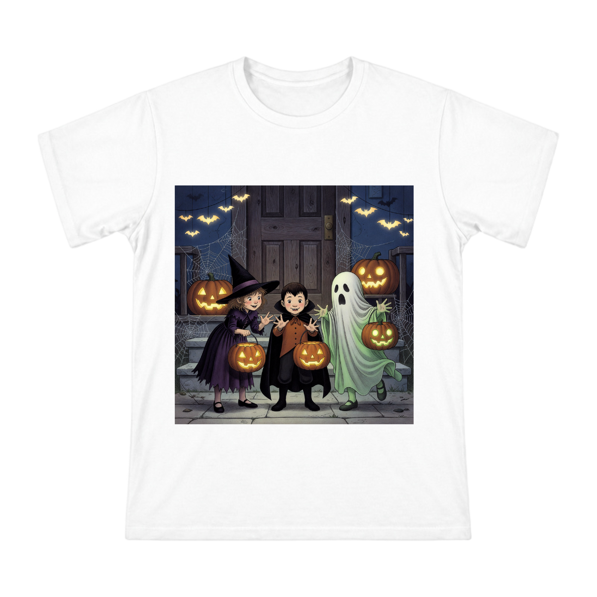 Vintage Halloween Trio Trick or Treat Illustration Men's Short Sleeve Cotton T-Shirt front [ai-pod:55efd63212f79b9a40bd2ad44f32ec65]
