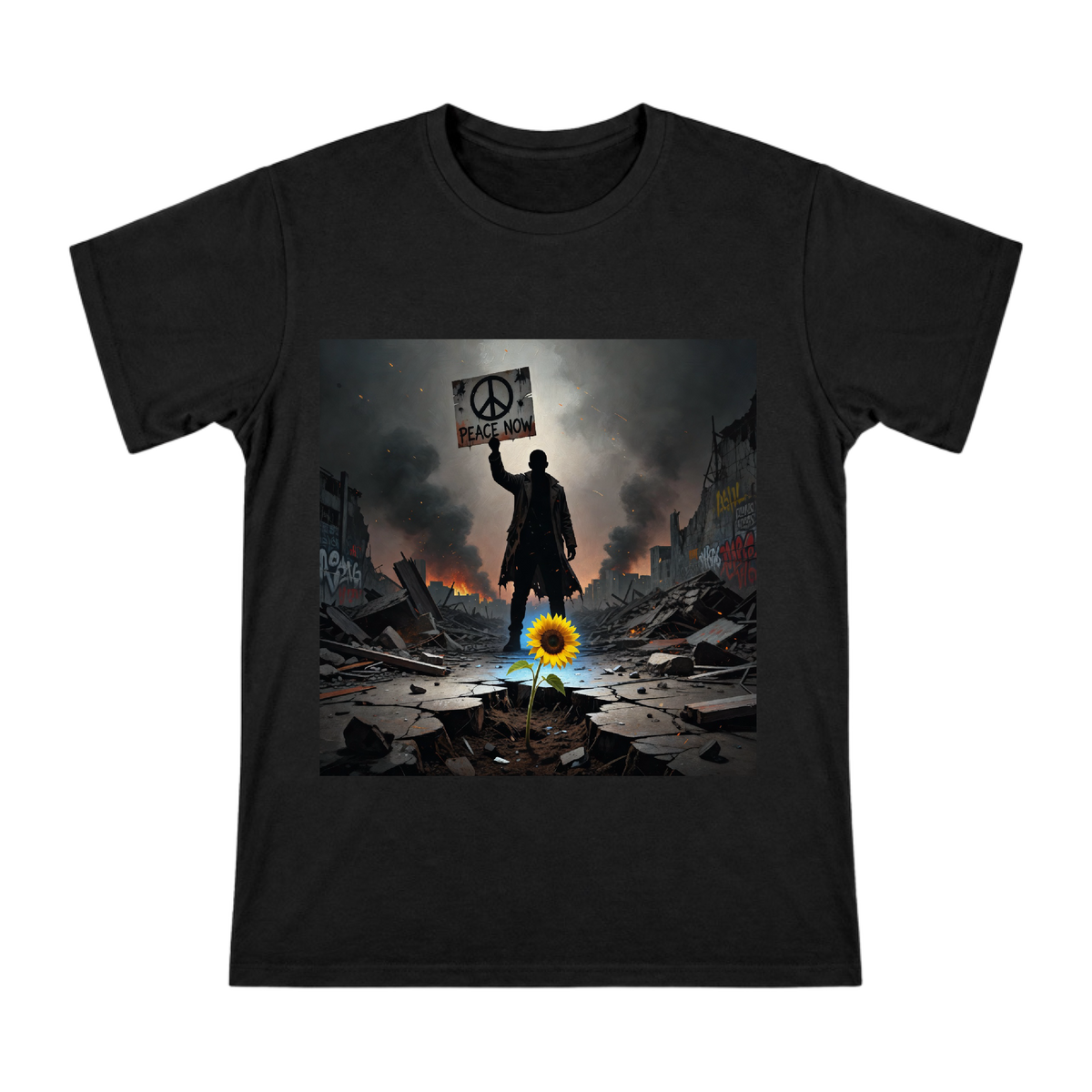Peace Now Protester with Sunflower Men's Custom T-Shirt front [ai-pod:4ae2c029449b17bb4efb14fae74bf065]