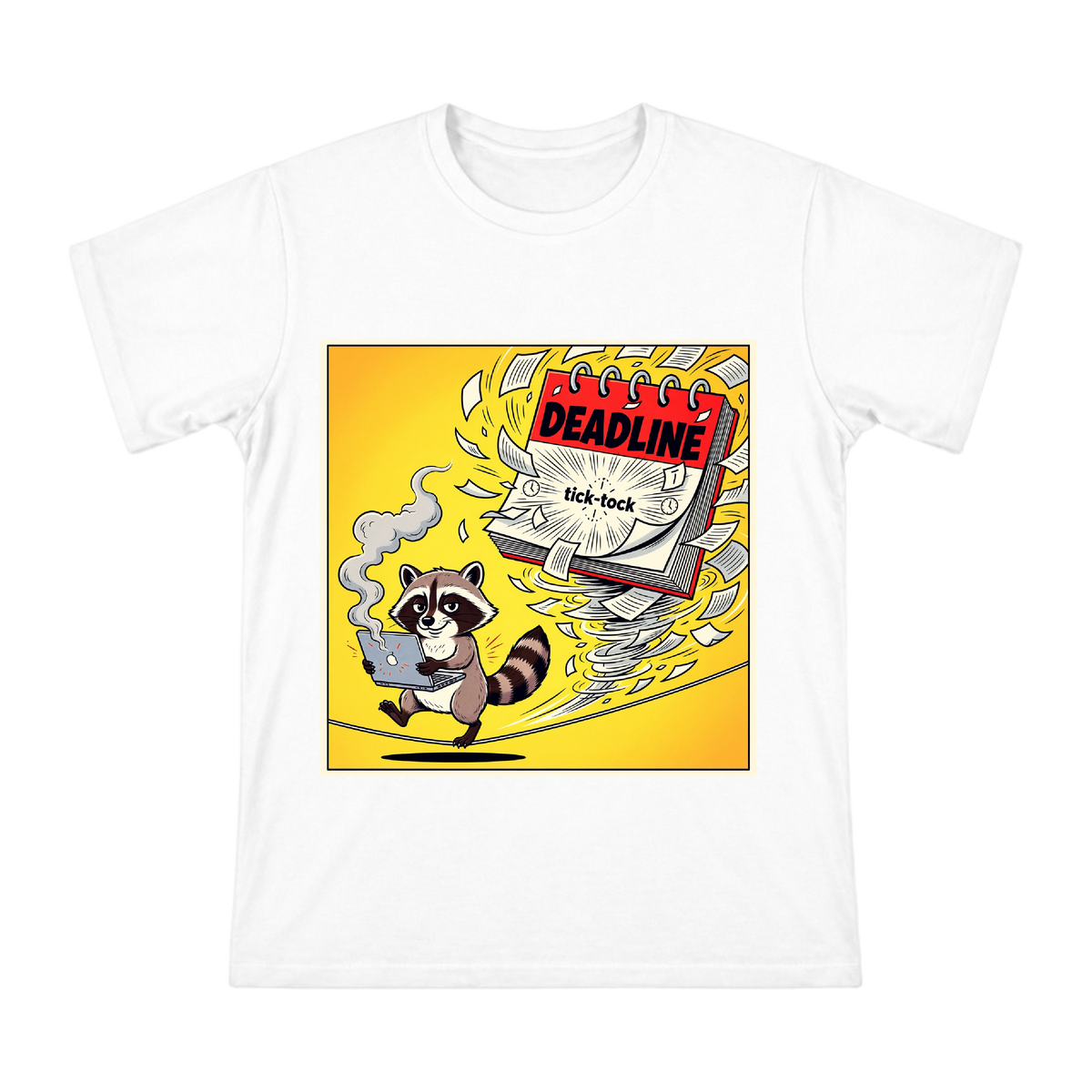 Raccoon Fleeing Deadline Smoke Laptop American Retro Comic Men's T-Shirt front [ai-pod:4a16324415631a921a103e81af01292f]
