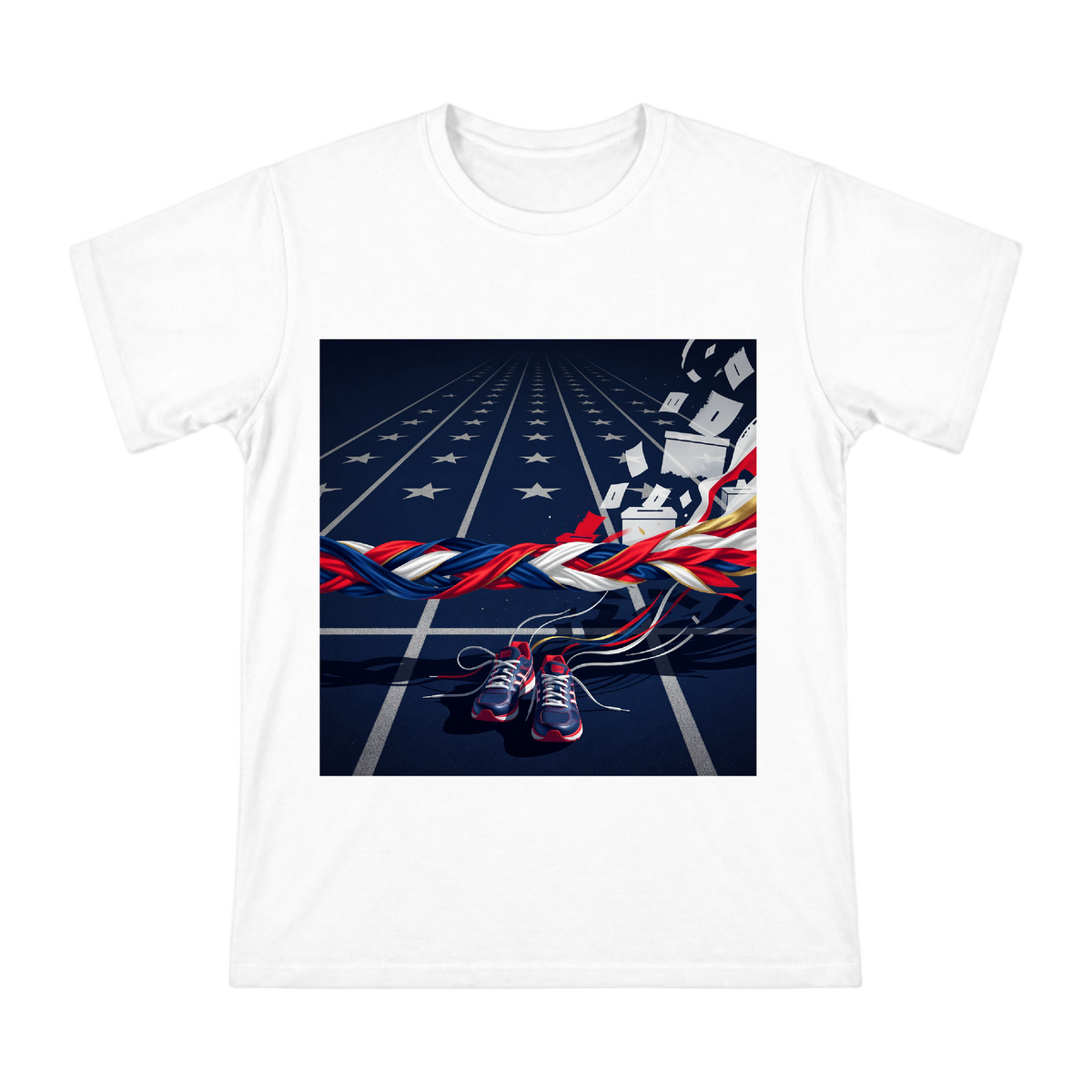 Red, White, and Blue Ribbon Weave with Retro Running Shoes Men's Short Sleeve T-Shirt front [ai-pod:49c96018fdbd9bae9fbe159faa6a313e]