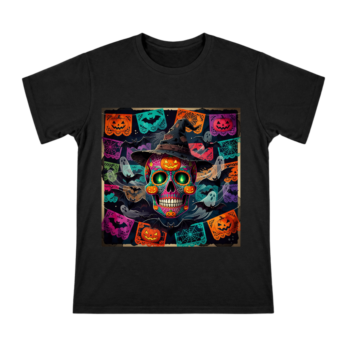 Mexican Day of the Dead Sugar Skull with Halloween Pumpkin Witch Hat Art Men's Short Sleeve T-Shirt front [ai-pod:b0e3acf2e7e69e8c43baf7f1105156a0]