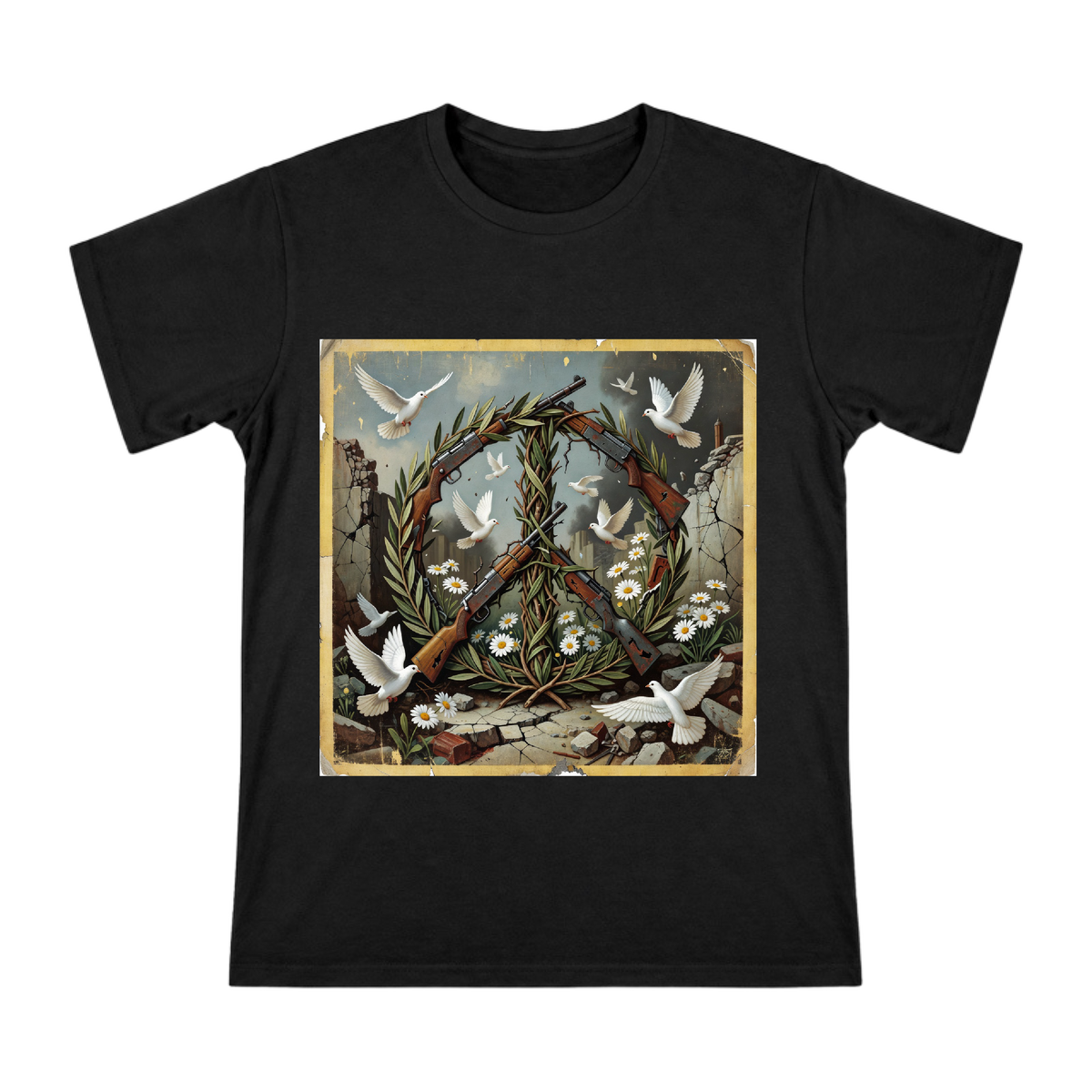 Broken Rifles Forming Peace Sign Men's Custom T-Shirt front [ai-pod:ee0008e45669bf6d3c1dda20b39085af]