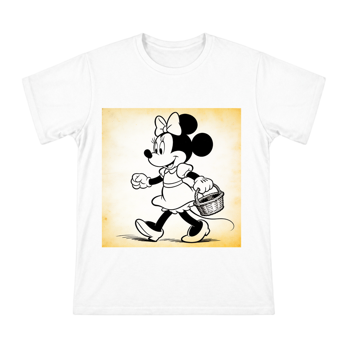 Vintage Minnie Mouse Basket Walk Black-and-White Line Art T-Shirt front [ai-pod:a4f3c039fc5c93e19524956cd887deec]
