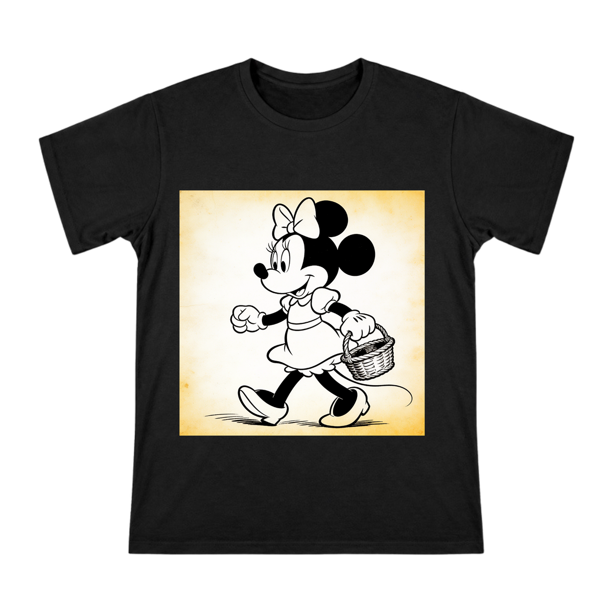 Vintage Minnie Mouse Basket Walk Black-and-White Line Art T-Shirt front [ai-pod:c944569ceaf9a1d3db0c12991a8f86f9]
