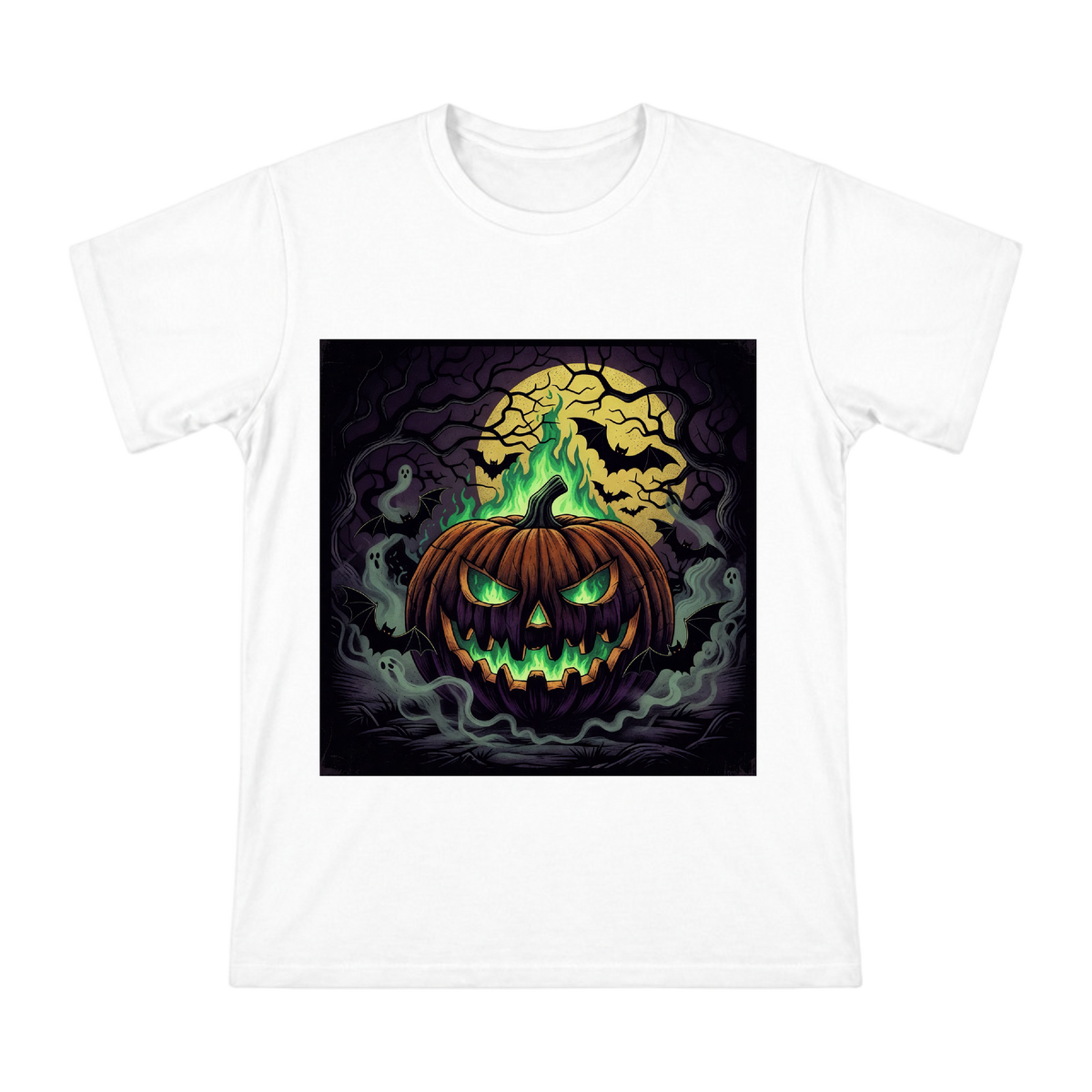 Vintage Woodcut Green Fire Pumpkin Lantern Men's T-Shirt front [ai-pod:a74b6812240c2e92b2bbc4fba9e8089e]