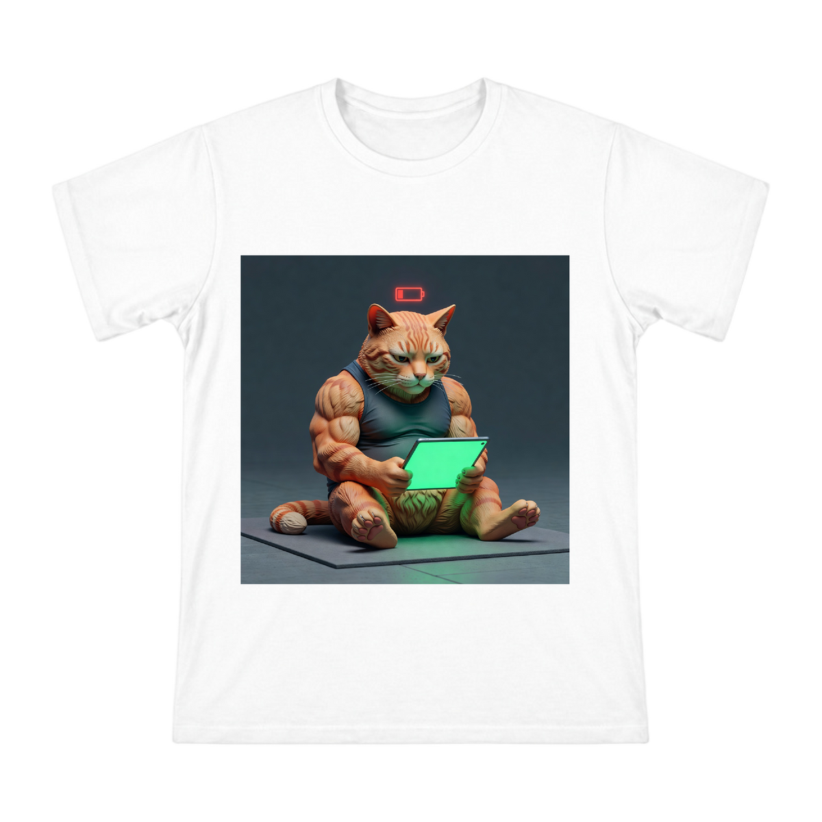 Muscular Orange Cat Tablet Art Men's Custom Print T-Shirt front [ai-pod:d4328eef945f0dc84df9751235d112cf]