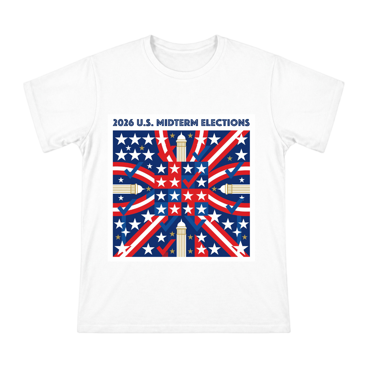 2026 US Midterm Election Patriotic Geometric Stars and Stripes Men's Short Sleeve T-Shirt front [ai-pod:7b99f34f9c6817ba90bb68fd2016ca48]