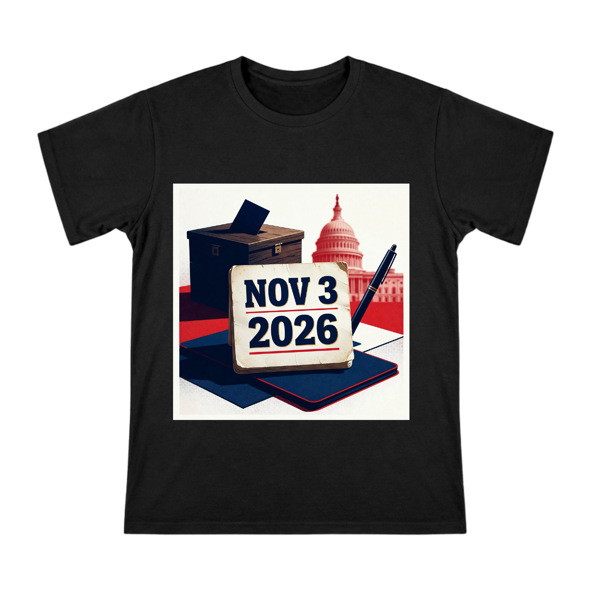 Vintage Election Calendar and Ballot Box Men's Cotton T-Shirt front [ai-pod:81f36363549b012192b054fceddc365b]