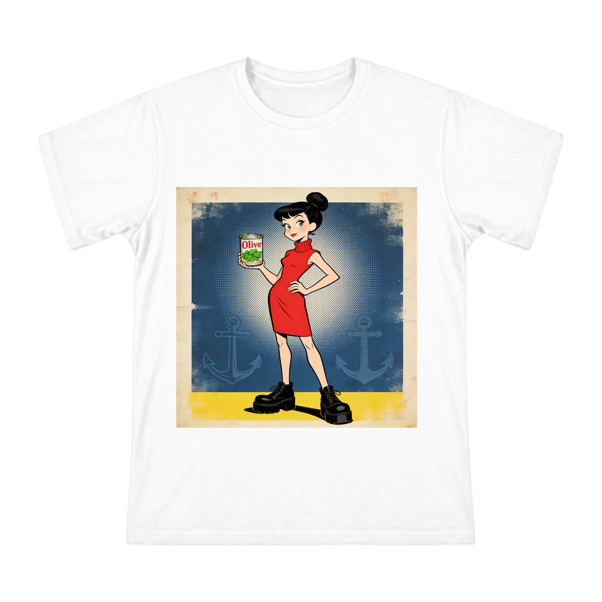 Vintage American Comic Olive Can Girl on Men's Custom T-Shirt front [ai-pod:8cf2a77ea713ed7ce8894a7b9e8a1b52]