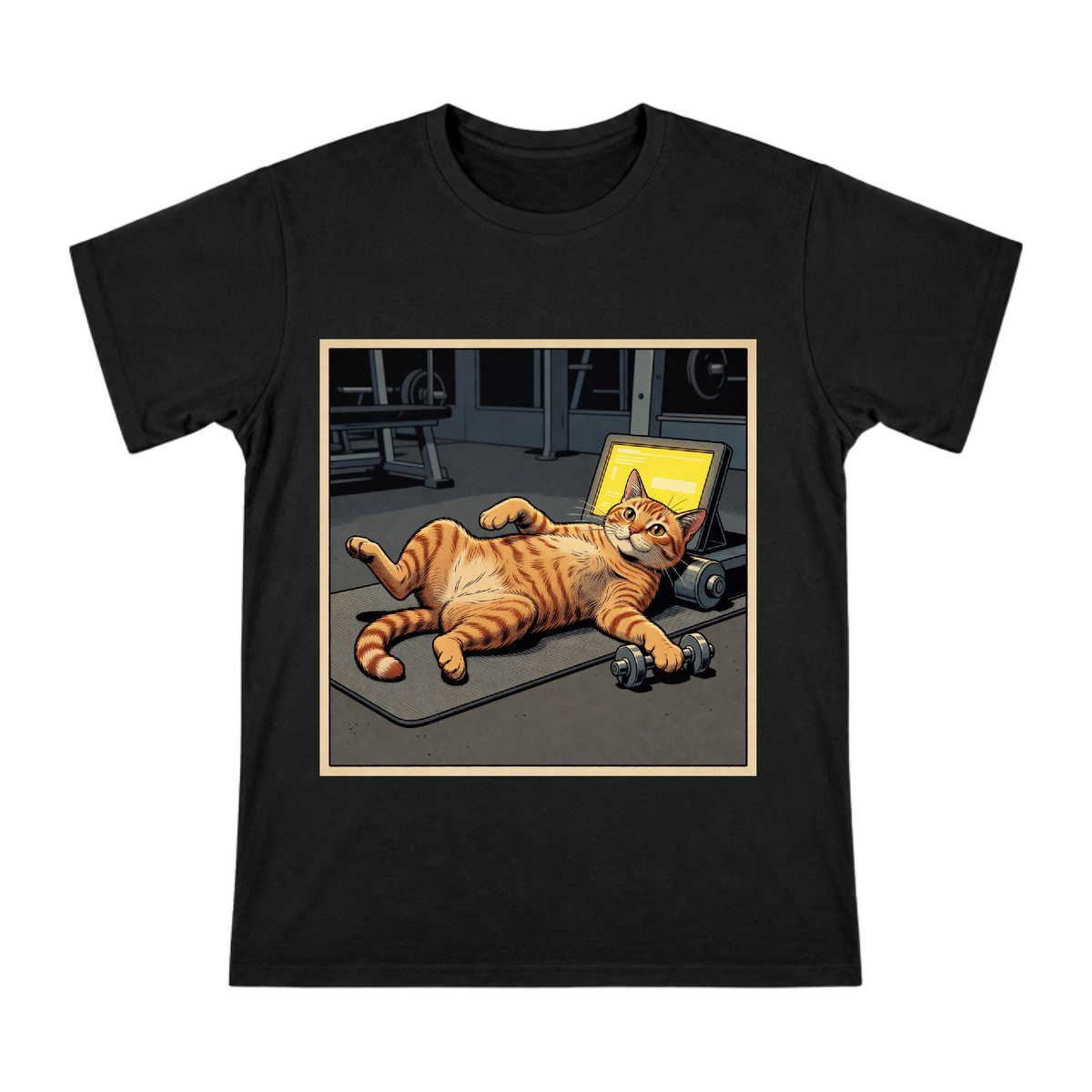 Relaxed Gym Cat with Dumbbell - Retro Comic Style Men's Short Sleeve T-Shirt front [ai-pod:28c5ccc3ca16dda021f0fbbaba352088]