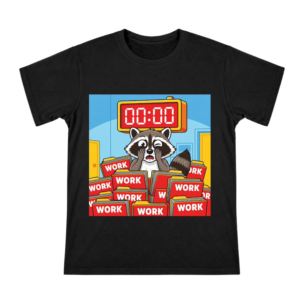 Playful Raccoon Hiding from Work Deadlines Men's Custom Print T-Shirt front [ai-pod:49091313bf32ea4466f787873d461a83]