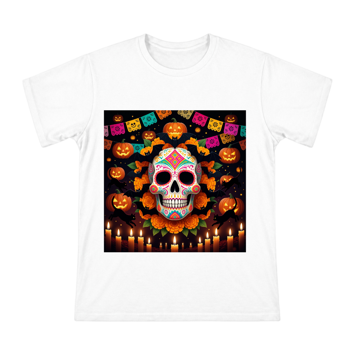 Sugar Skull Marigold Bat Halloween T-Shirt front [ai-pod:d9730ce91104628c6df11c273ce92b9b]