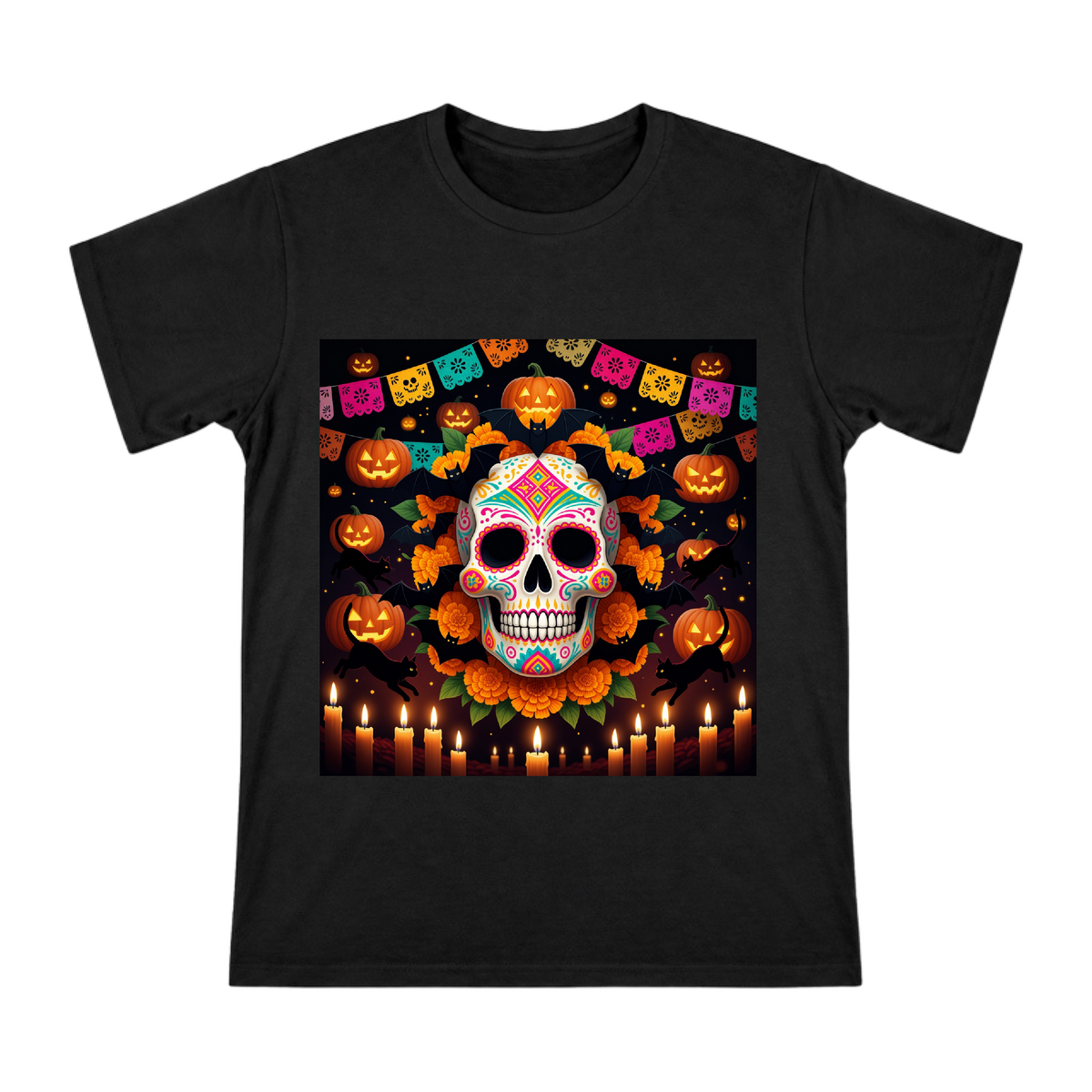 Sugar Skull Marigold Bat Halloween T-Shirt front [ai-pod:7b6ee78db8e20193c106f9f8be7fd676]
